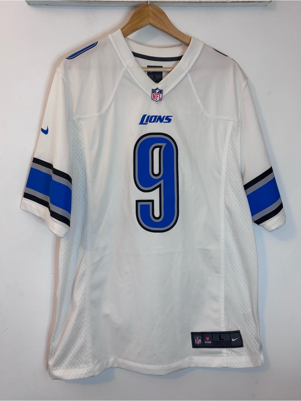 NFL Detroit Lions Nike On Field Away White and Honolulu Blue Stafford Jersey
